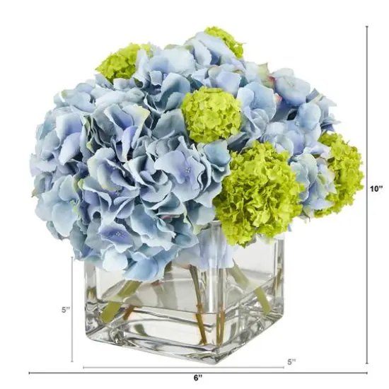 10" Hydrangea Artificial Arrangement in Glass Vase {3}