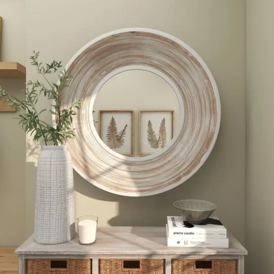 35" Cream Wooden Framed Wall Mirror with White Wash Effect {8}