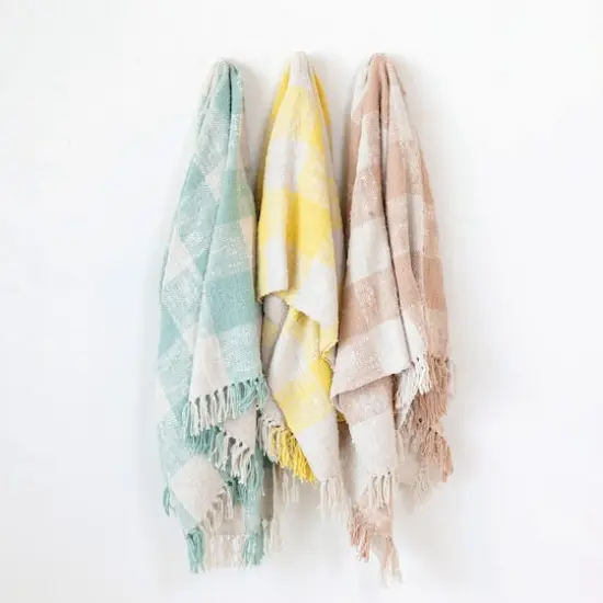 Hello Honey&reg; Mint & Cream Plaid Hand-Woven Cotton Throw with Fringe {3}