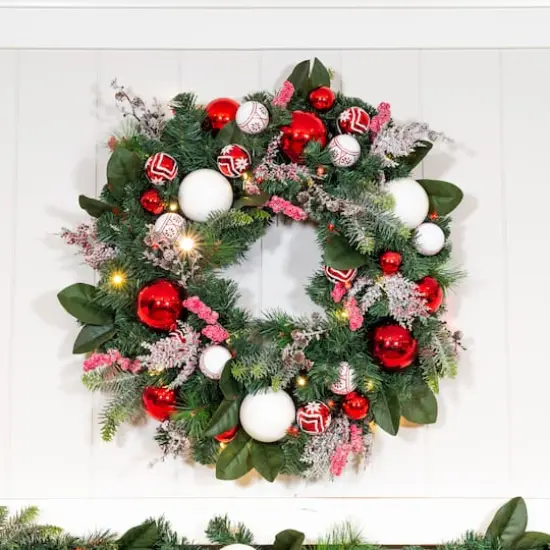 Village Lighting 30" Pre-Lit Nordic Christmas Wreath, Red & Clear LED Lights {6}