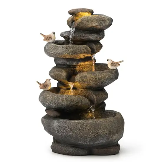 Glitzhome&reg; 23" Natural LED 5-Tier Stacked Stone Outdoor Fountain {1}