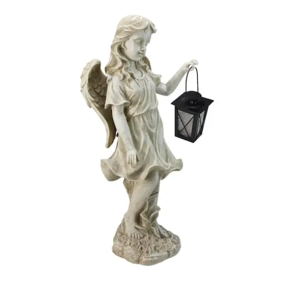 21" Graceful Weathered Ivory Standing Angel with Tealight Candle Lantern Outdoor Garden Statue {3}