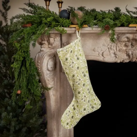 Hello Honey® 20" Green & Cream Cotton Velvet Printed Stocking with Floral Pattern {4}