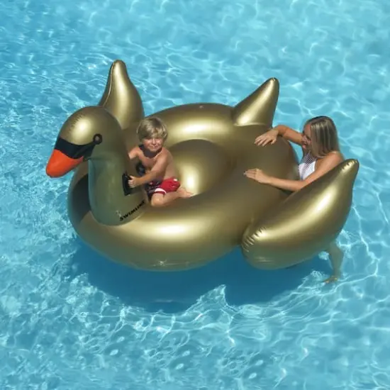 Swim Central 75" Gold Inflatable Giant Swan Swimming Pool Ride-On Float {3}