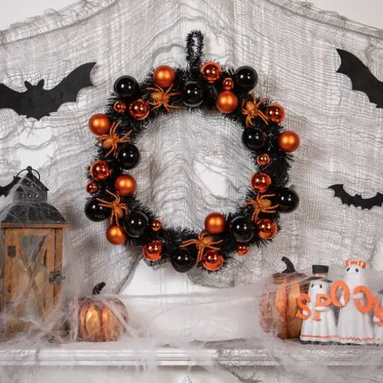 18'' Unlit Orange Spiders and Ornaments Halloween Wreath {3}