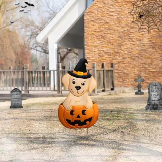 Glitzhome&reg; 32"H Halloween Metal Labrador in Pumpkin Yard Stake {5}