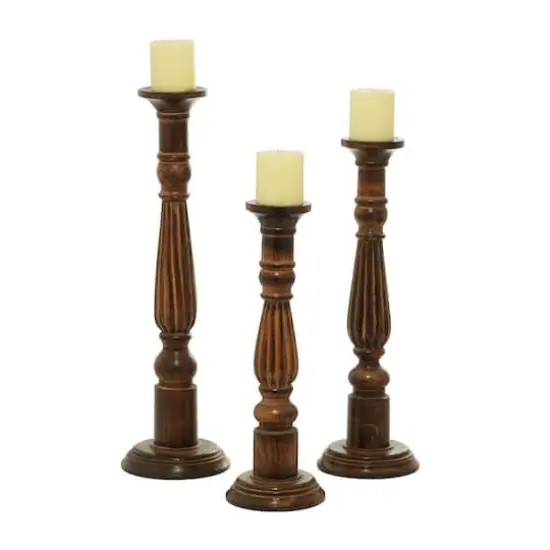Brown Mango Wood Traditional Candle Holders Set, 18", 21" & 24" {1}