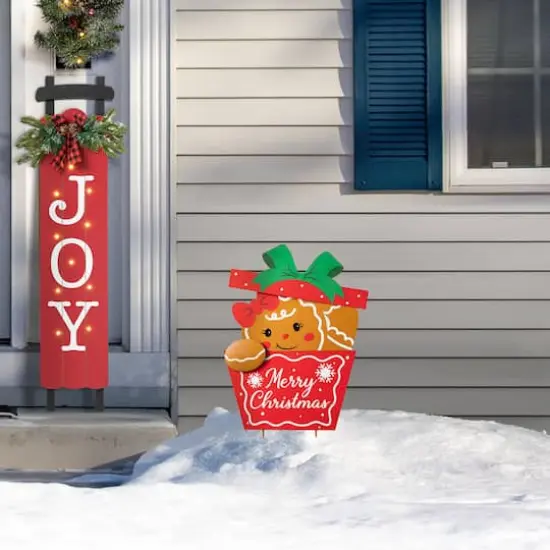 Glitzhome&reg; 2ft. Metal Gingerbread Giftbox Yard Stake {6}