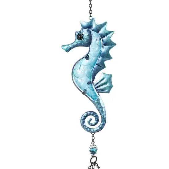 Blue Sea Life Metal Dolphin & Seahorse Windchime with Dangling Seashells Set {4}