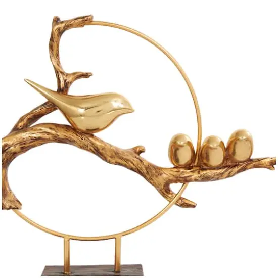 16" Gold Polystone Bird Family On A Branch Sculpture with Brown Block Base {7}