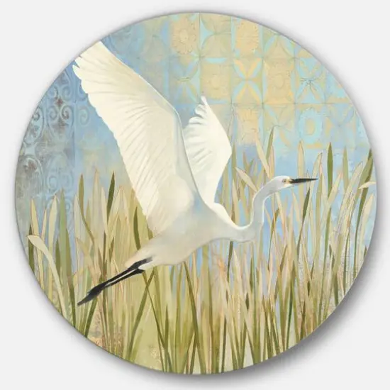 Designart - Snowy Egret in Flight vII - Farmhouse Metal Circle Wall Art {1}