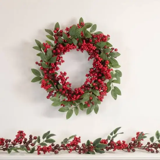 5ft. Christmas Leaves & Red Berries Artificial Garland {3}