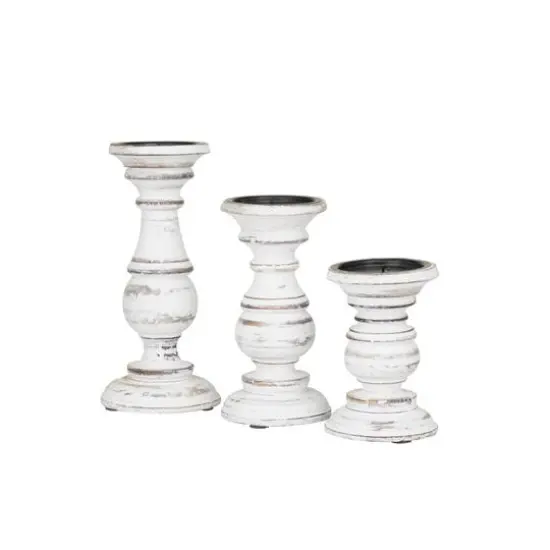 Mango Wood Traditional Candle Holder Set White {10}
