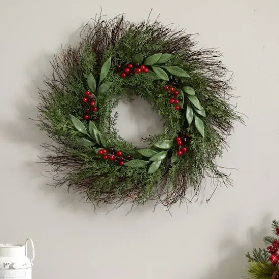 20" Cedar & Ruscus with Berries Wreath {5}