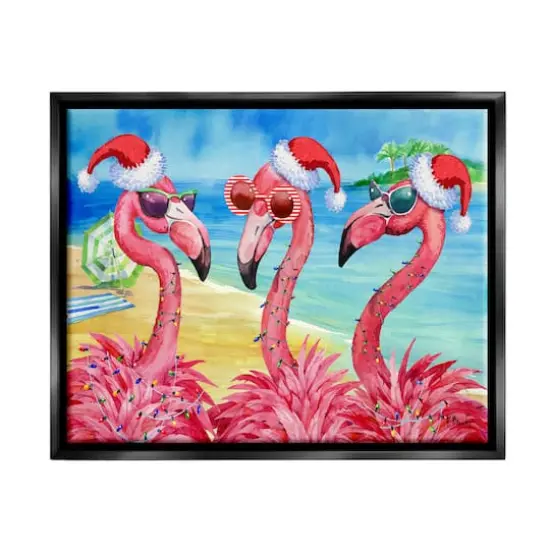 Stupell Industries Holiday Lights Flamingos Beach Framed Floater Canvas Wall Art {1}