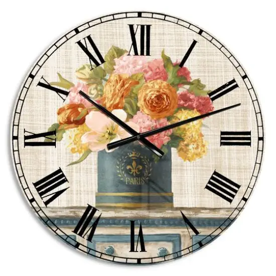 Designart 'Tulips In Teal And Gold Hatbox On Linen Cabin Wall Clock {1}