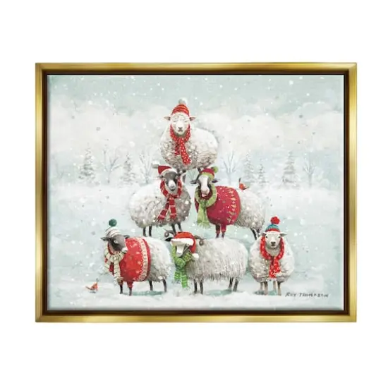 Stupell Industries Winter Sheep Snowy Farm Animals Framed Floater Canvas Wall Art Gold {1}