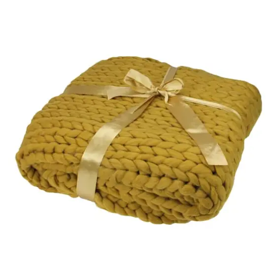 Golden Mustard Cable Knit Plush Throw Blanket {3}