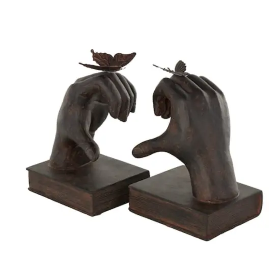 7.5" Dark Brown Hands Heart Inspired Decorative Bookend Set with Butterfly & Copper Accents {4}