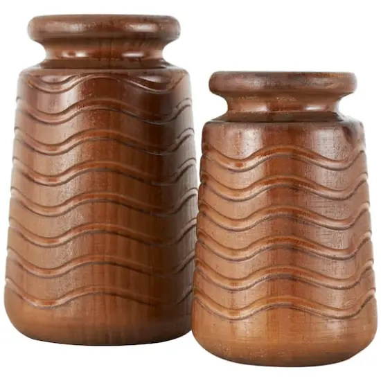 Brown Wood Vase with Carved Wavy Design Set {3}