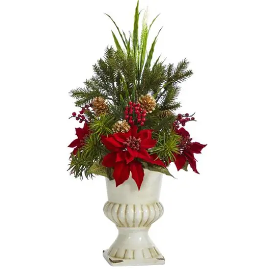 2ft. Poinsettia, Grass & Succulent Arrangement in White Urn {1}