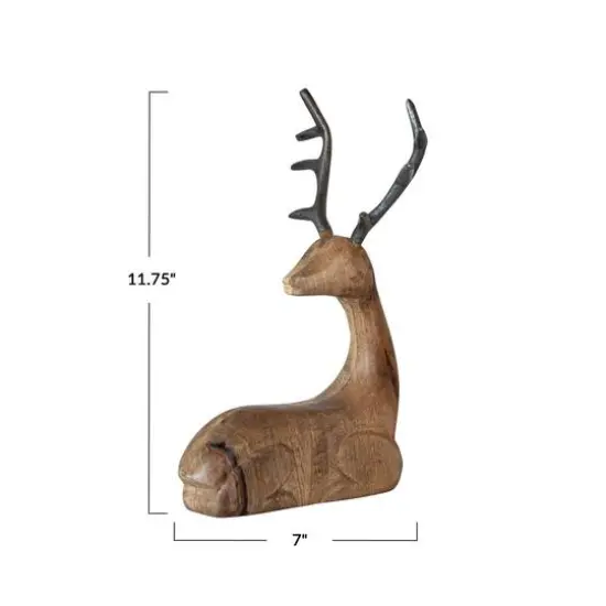 Hello Honey® 11.75"Natural & Black Mango Wood Lying Reindeer with Aluminum Antlers {4}