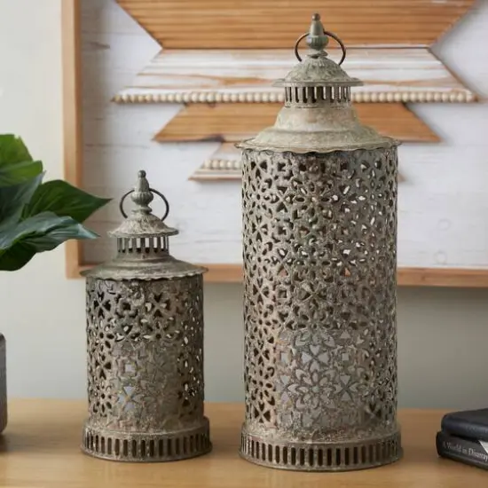 Brown Distressed Ornate Floral Candle Lantern Set {8}