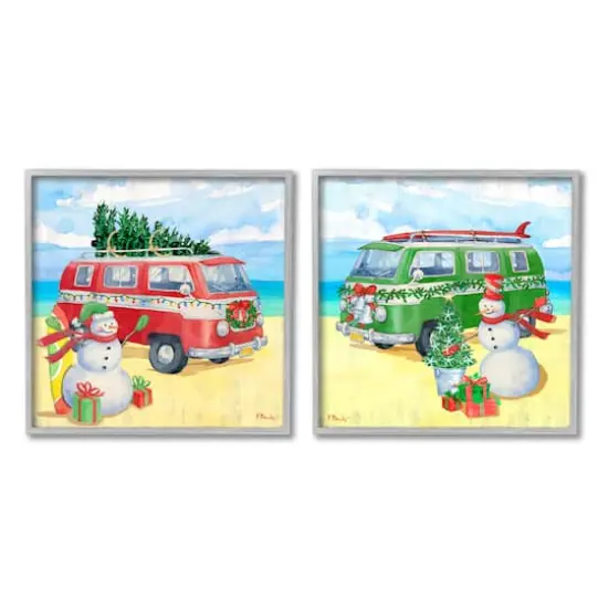 Stupell Industries Coastal Christmas Holiday Beach Snowmen 2 Piece Framed Giclee Art Set Gray {1}