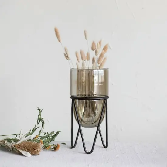 Hello Honey&reg; Brown & Black Glass Pillar Candle Holder With Metal Stand {4}