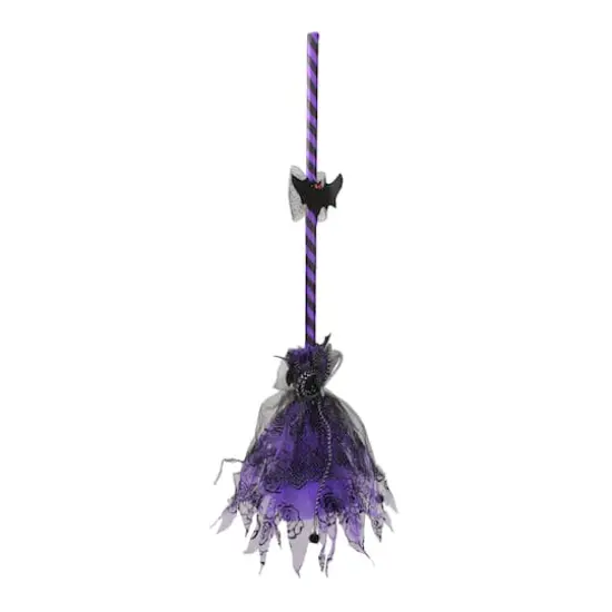 29" Purple & Black Striped Animated Witches Halloween Broom with Bat Accents {3}