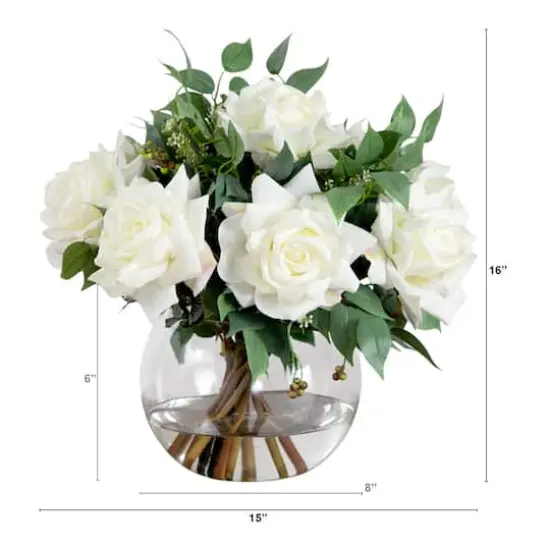 Wedding Collection 16in. Artificial Roses and Mixed Greens Arrangement in Glass Vase {3}