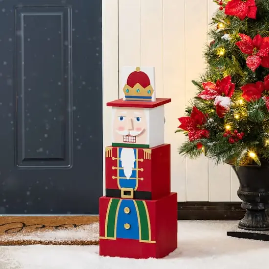 Glitzhome&reg; 24.5" Christmas Wood Santa and Nutcracker Reversible Boxed Porch Decor {6}