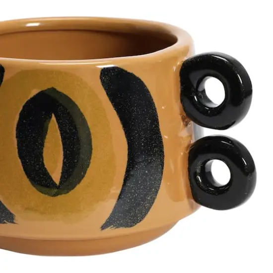 8" Brown and Black Hand Painted Stoneware Planter with Handles {5}