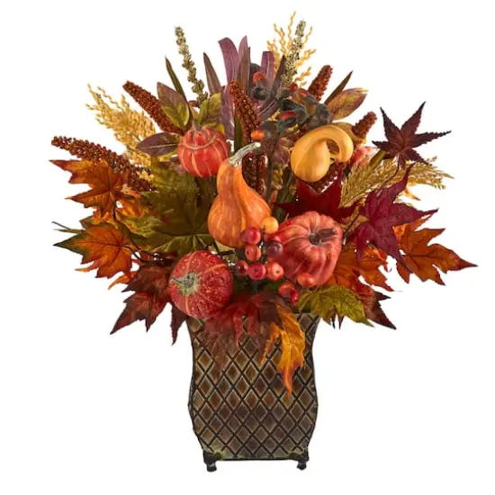 21in. Pumpkin, Maple Leaf, Sorghum Harvest Arrangement in Metal Planter {1}