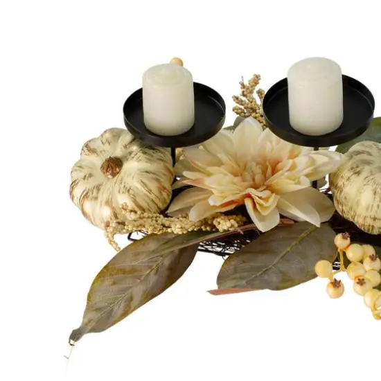 21" White Dahlia & Pumpkin Fall Triple Candle Holder {6}