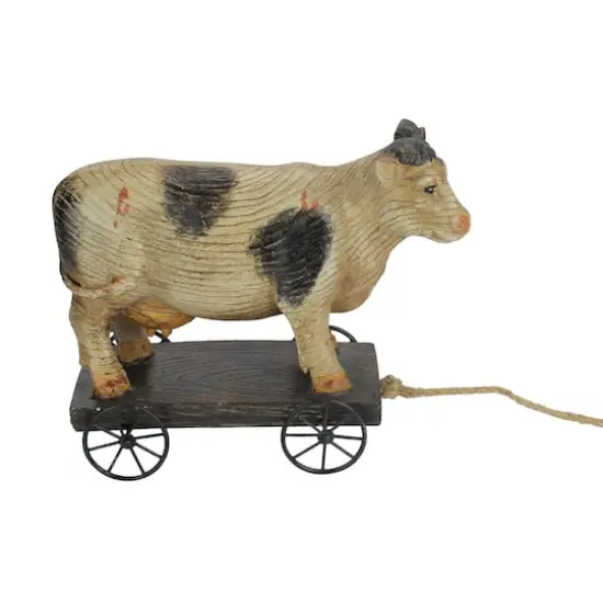 10.25" Black & White Textured Wood Cow on Cart Outdoor Garden Statue {1}
