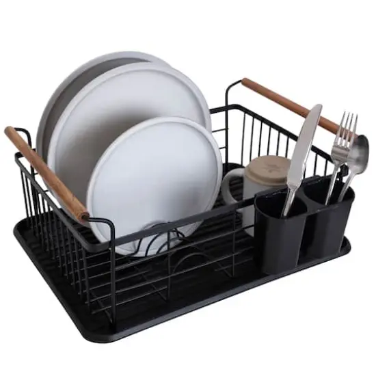 Kitchen Details Acacia Wood Black Drying Rack with Draining Tray {5}