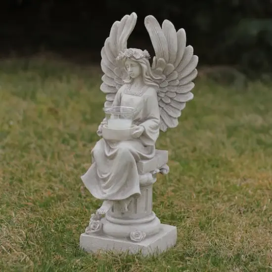 17" Peaceful Angel Sitting on a Pedestal Candle Holder Statue {4}