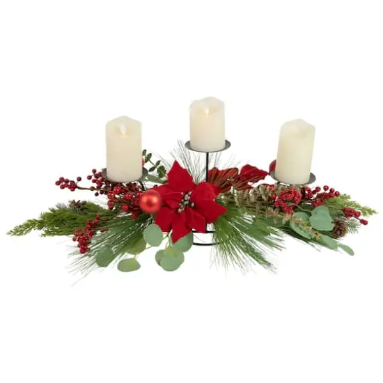 32" Triple Candle Holder With Red Berry & Poinsettia Christmas D&eacute;cor {1}