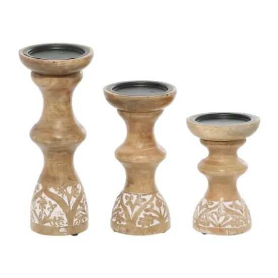 Brown Mango Wood Country Candle Holder Set {3}