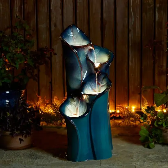 Glitzhome&reg; 31.25" 4-Tier LED Lotus Leaf Textured Ceramic Vase Outdoor Floor Fountain Turquoise {5}