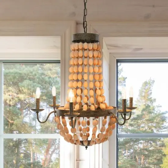 Hello Honey&reg; 38" Brown Rustic Metal and Draped Wood Bead Chandelier {6}