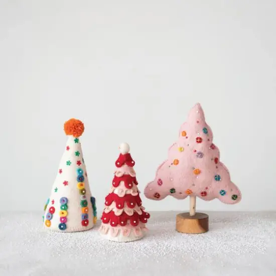 Hello Honey&reg; 9" Red, Pink & White Handmade Wool Felt Tree with Pom Pom Topper {3}