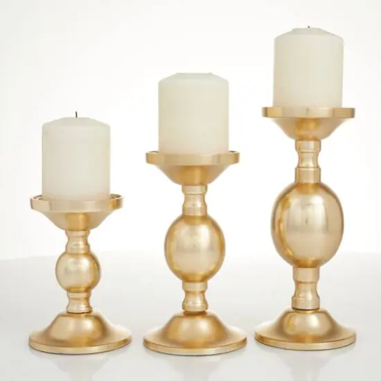 Set of 3 Gold Aluminum Transitional Candle Holders, 10" x 4" x 4" {8}