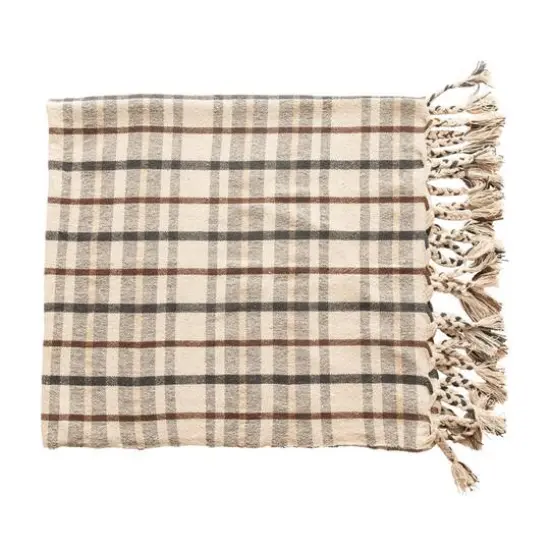 Hello Honey® Charcoal & Brown Woven Recycled Cotton Blend Plaid Throw with Tassels {3}