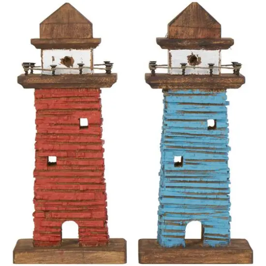 10" Red & Blue Wood Light Housee Sculpture Set {10}