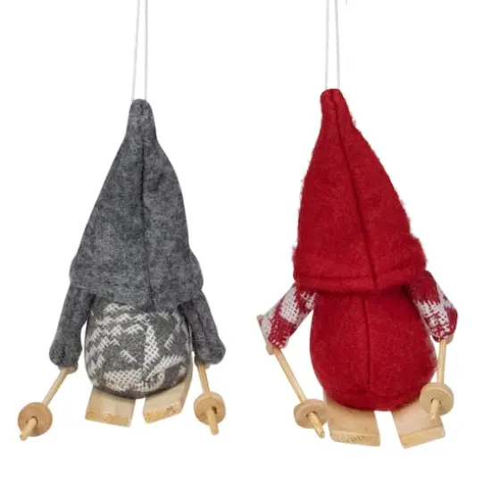 4" Gray & Red Skiing Santa Gnome Christmas Ornament Set {4}