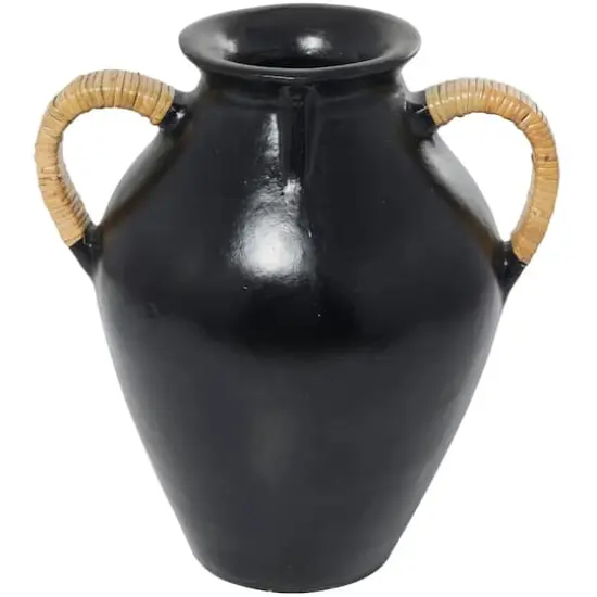 19" Black Ceramic Jug Vase with Rattan Wrapped Handles {1}