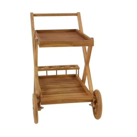 Brown Teak wood Traditional Outdoor Rolling Serving Cart, 32" x 32" x 21" {3}