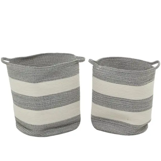 Gray Cotton Handmade Striped Storage Basket with Handles Set of 2 19", 19" {1}